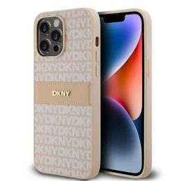 DKNY odinis Mono juostų ir metalinis logotipo dėklas iPhone 14 Pro - rožinis.