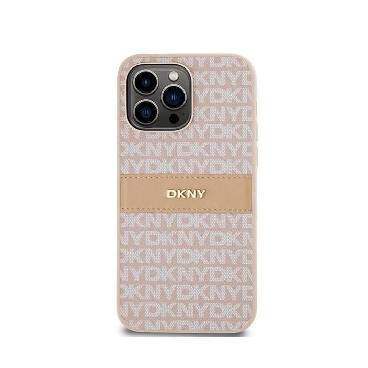 DKNY odinis Mono juostų ir metalinis logotipo dėklas iPhone 14 Pro - rožinis.