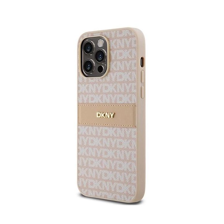 DKNY odinis Mono juostų ir metalinis logotipo dėklas iPhone 14 Pro - rožinis.