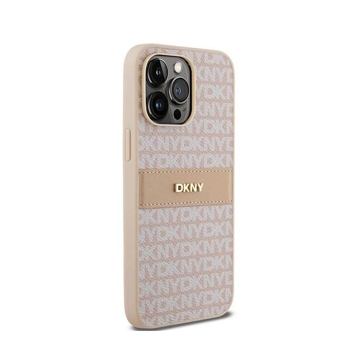 DKNY odinis Mono juostų ir metalinis logotipo dėklas iPhone 14 Pro - rožinis.