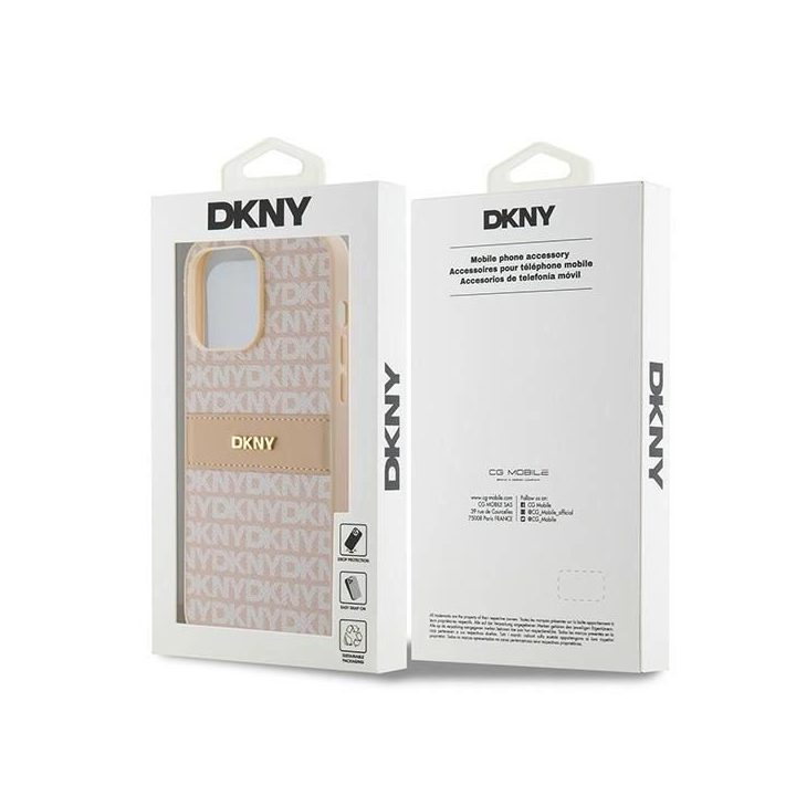 DKNY Leather Mono Stripe & Metal Logo“ dėklas iPhone 14 Pro Max“ – rožinis