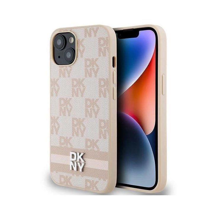DKNY odinis languotas vienspalvis raštas ir atspausdintų dryžių dėklas iPhone 15 / 14 / 13 - rožinis