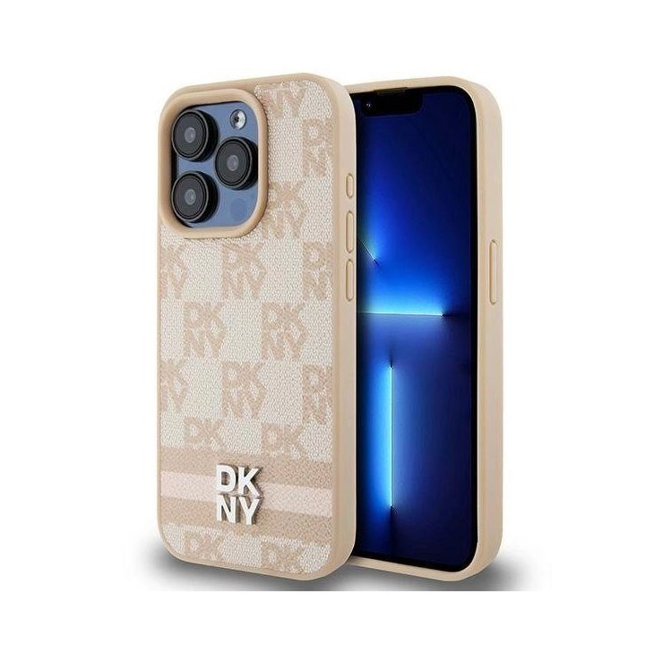 DKNY odinis languotas Mono raštas ir spausdintų dryžių dėklas iPhone 15 Pro telefonui - rausvas