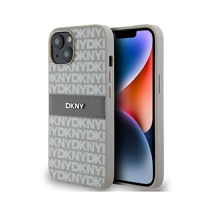 DKNY odinis vienspalvis dryžuotas ir metalinis logotipas skirtas iPhone 15/14/13“ - smėlio spalvos