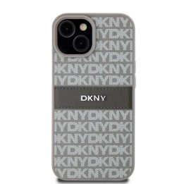 DKNY Leather Mono Stripe“ ir metalinis logotipo dėklas iPhone 15 Plus“ / 14 Plus“ – smėlio spalvos
