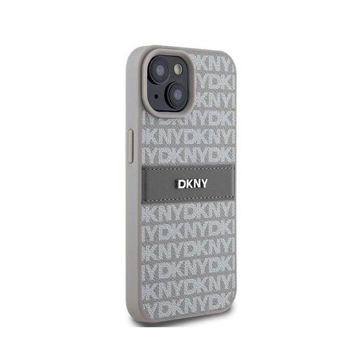DKNY Leather Mono Stripe“ ir metalinis logotipo dėklas iPhone 15 Plus“ / 14 Plus“ – smėlio spalvos