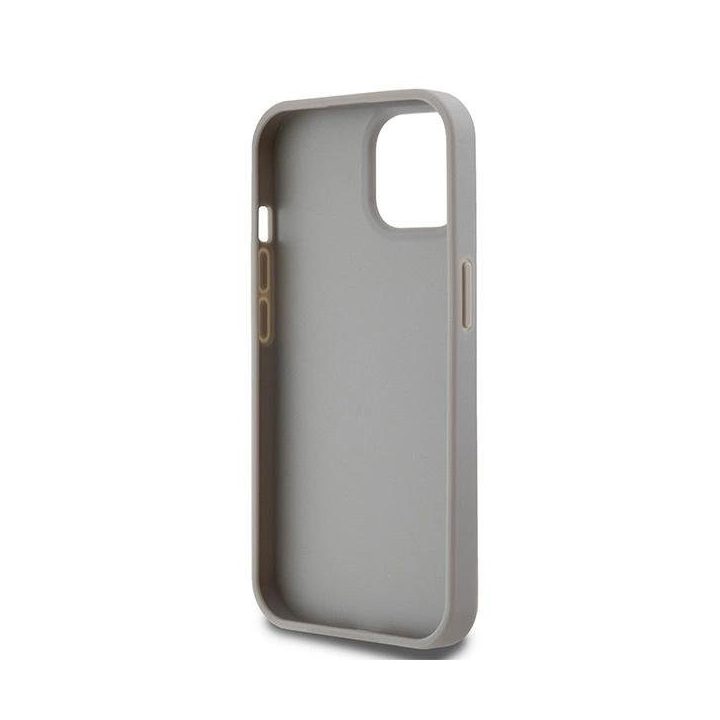 DKNY Leather Mono Stripe“ ir metalinis logotipo dėklas iPhone 15 Plus“ / 14 Plus“ – smėlio spalvos