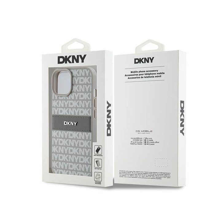 DKNY Leather Mono Stripe“ ir metalinis logotipo dėklas iPhone 15 Plus“ / 14 Plus“ – smėlio spalvos