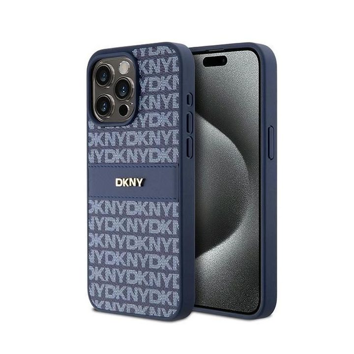 DKNY Leather Mono Stripe & Metal Logo dėklas iPhone 15 Pro Max – mėlynas