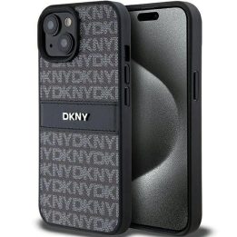 DKNY odinis vienspalvis Dryžuotas ir metalinis logotipo dėklas iPhone 15 Plus / 14 Plus - juodos spalvos