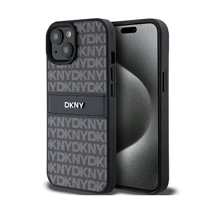DKNY odinis vienspalvis Dryžuotas ir metalinis logotipo dėklas iPhone 15 Plus / 14 Plus - juodos spalvos