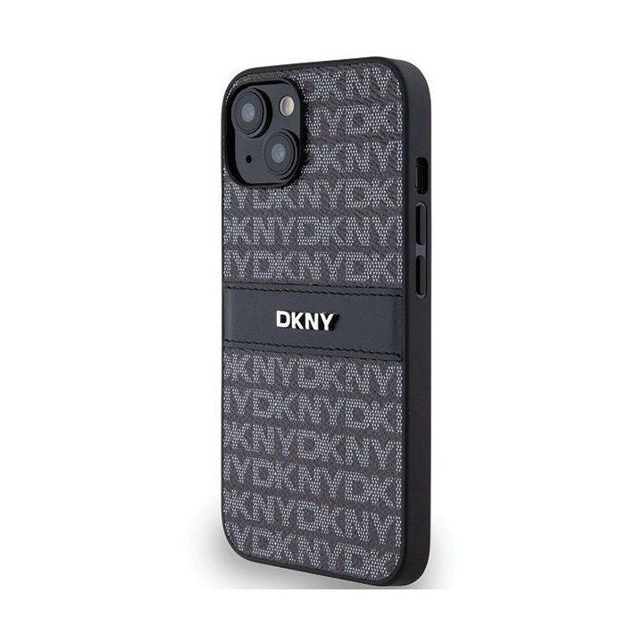 DKNY odinis vienspalvis Dryžuotas ir metalinis logotipo dėklas iPhone 15 Plus / 14 Plus - juodos spalvos