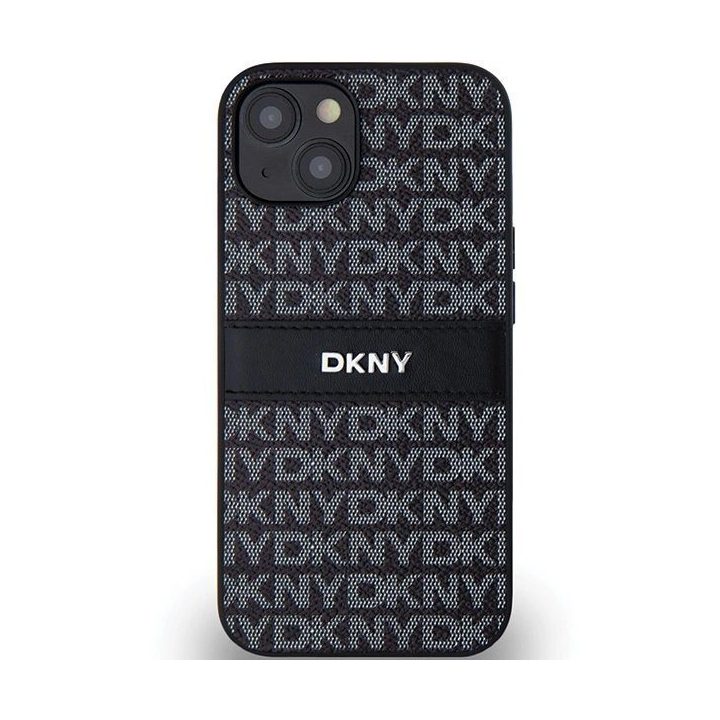 DKNY odinis vienspalvis Dryžuotas ir metalinis logotipo dėklas iPhone 15 Plus / 14 Plus - juodos spalvos
