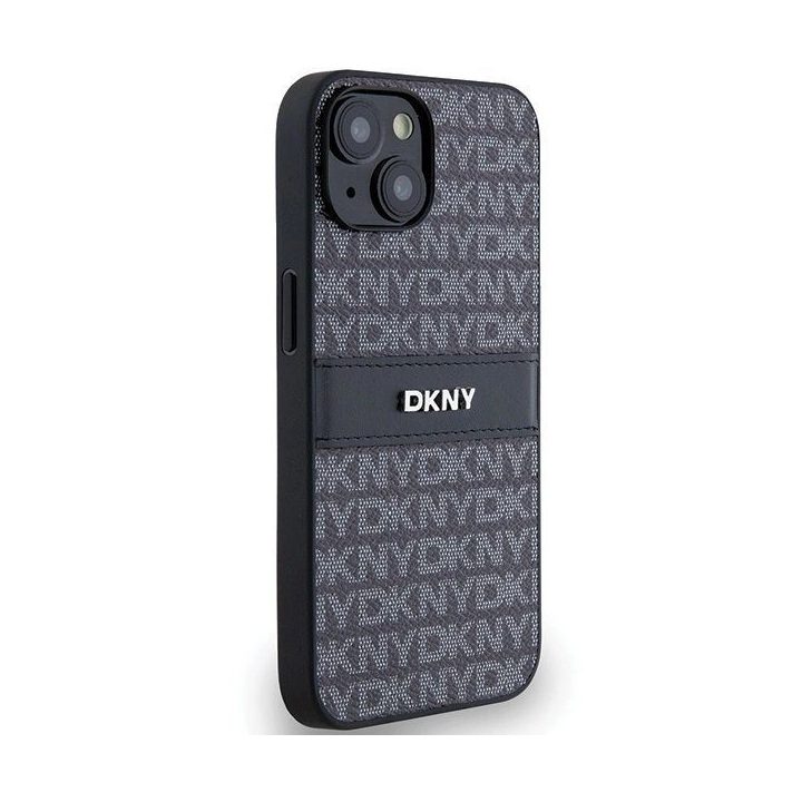 DKNY odinis vienspalvis Dryžuotas ir metalinis logotipo dėklas iPhone 15 Plus / 14 Plus - juodos spalvos