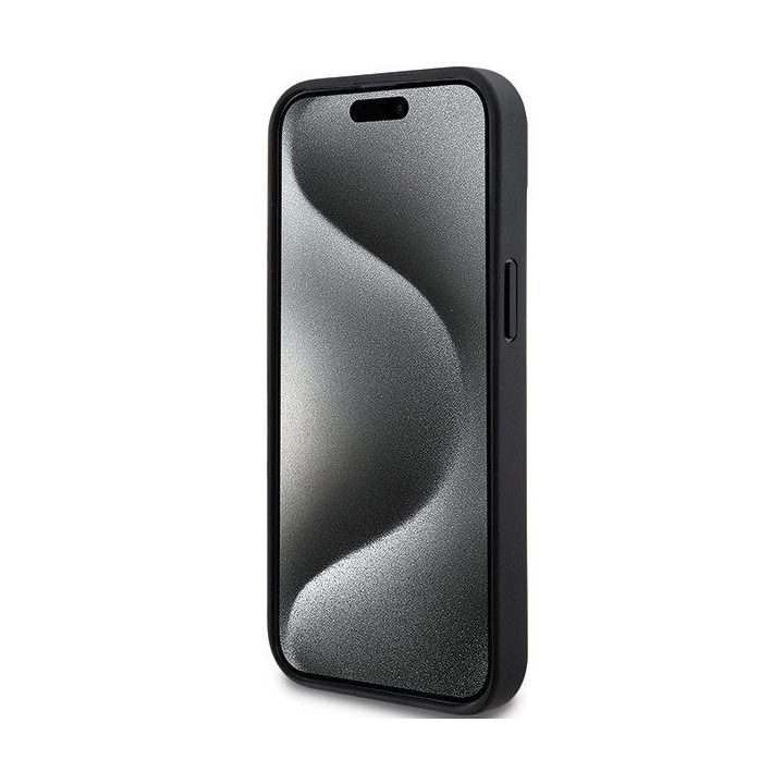 DKNY odinis vienspalvis Dryžuotas ir metalinis logotipo dėklas iPhone 15 Plus / 14 Plus - juodos spalvos