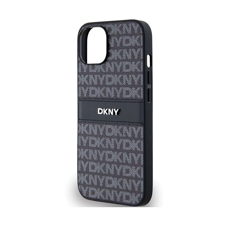 DKNY odinis vienspalvis Dryžuotas ir metalinis logotipo dėklas iPhone 15 Plus / 14 Plus - juodos spalvos