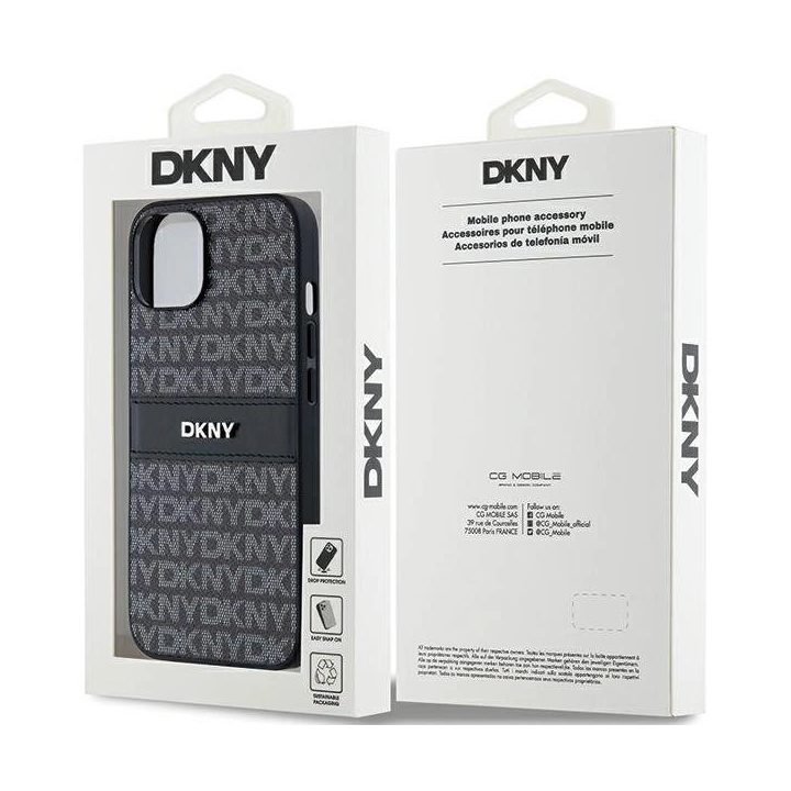 DKNY odinis vienspalvis Dryžuotas ir metalinis logotipo dėklas iPhone 15 Plus / 14 Plus - juodos spalvos
