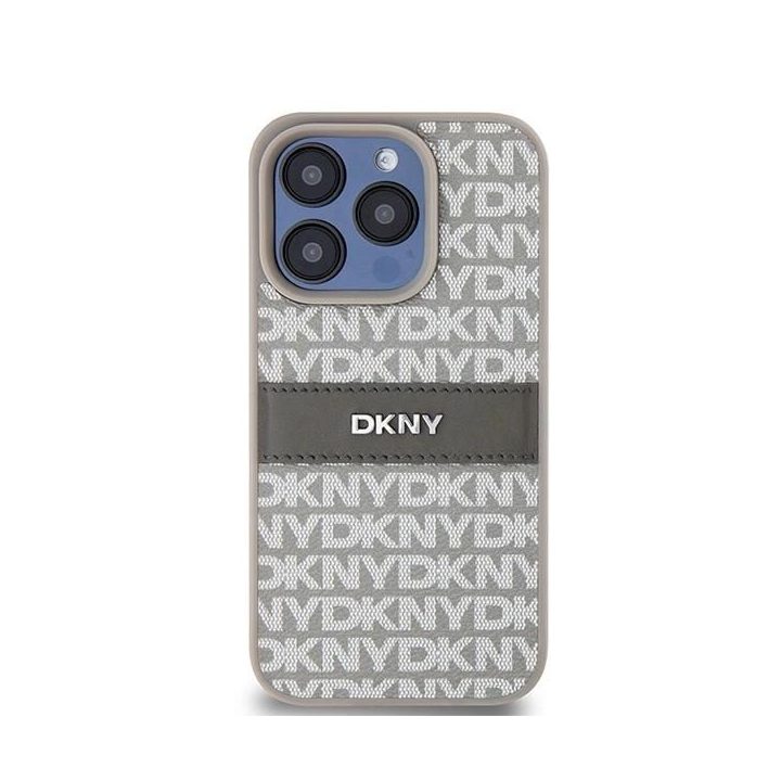 DKNY odos dėklas su metaliniu logotipu iPhone 15 Pro Max“ – smėlio spalvos