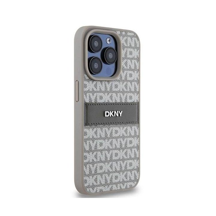 DKNY odos dėklas su metaliniu logotipu iPhone 15 Pro Max“ – smėlio spalvos