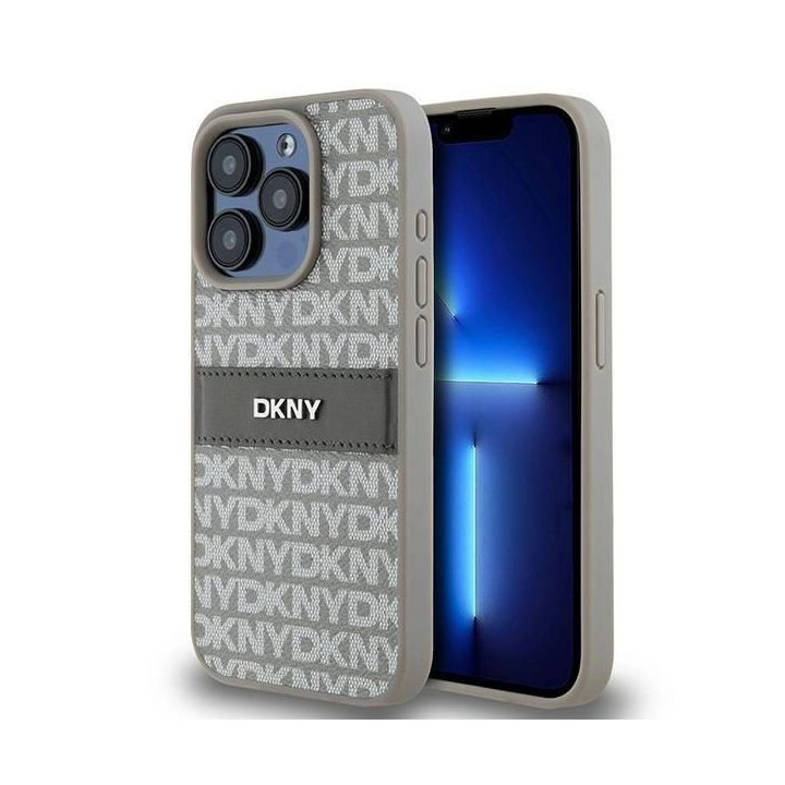 DKNY odos dėklas su metaliniu logotipu iPhone 15 Pro Max“ – smėlio spalvos