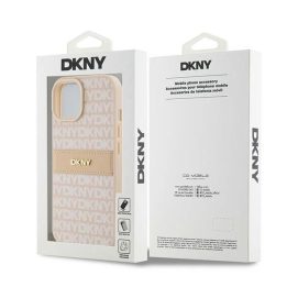 DKNY odinis vienspalvis dėklas su metaliniu logotipu iPhone 15 Plus / 14 Plus - rausvos spalvos