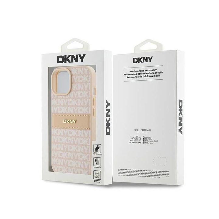 DKNY odinis vienspalvis dėklas su metaliniu logotipu iPhone 15 Plus / 14 Plus - rausvos spalvos