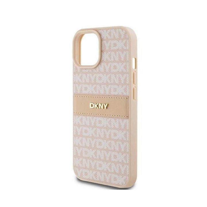 DKNY odinis vienspalvis dėklas su metaliniu logotipu iPhone 15 Plus / 14 Plus - rausvos spalvos