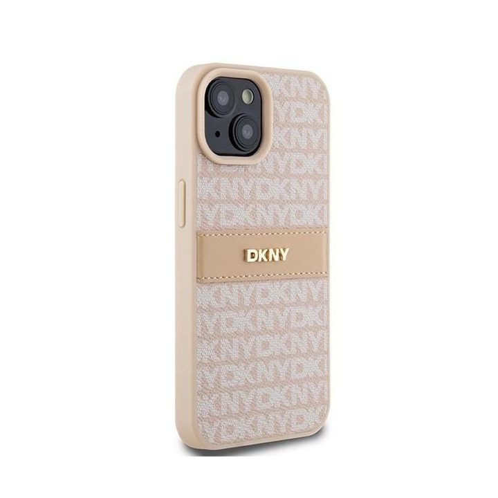 DKNY odinis vienspalvis dėklas su metaliniu logotipu iPhone 15 Plus / 14 Plus - rausvos spalvos