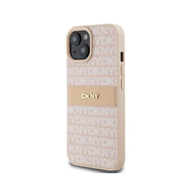 DKNY odinis vienspalvis dėklas su metaliniu logotipu iPhone 15 Plus / 14 Plus - rausvos spalvos