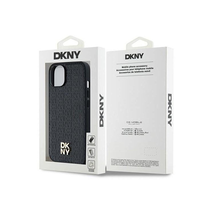 DKNY odinis monogramos rašto metalinis MagSafe“ dėklas iPhone 15/14/13“ – juodas