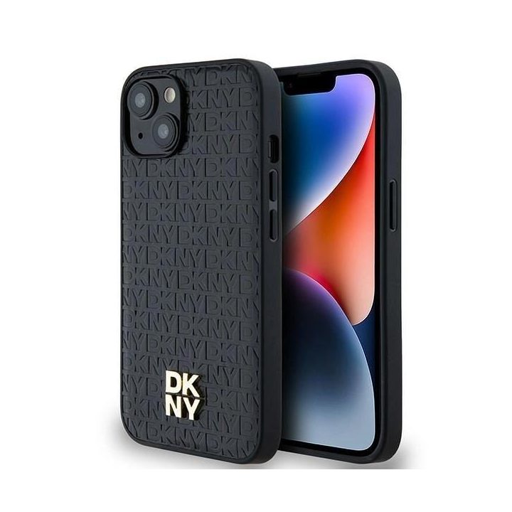 DKNY odinis monogramos rašto metalinis MagSafe“ dėklas iPhone 15/14/13“ – juodas