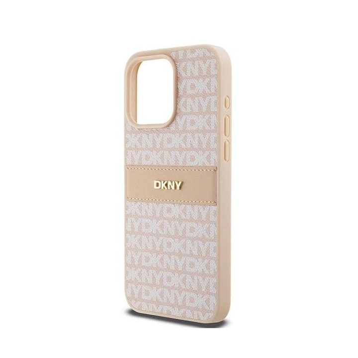 DKNY“ logotipas iš odos ir metalo dėklas iPhone 15 Pro Max“ – rožinis