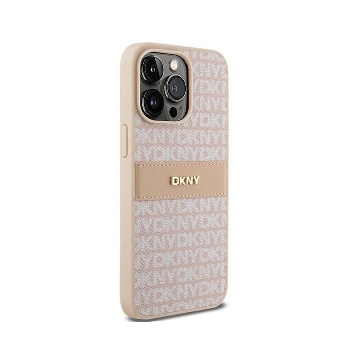 DKNY“ logotipas iš odos ir metalo dėklas iPhone 15 Pro Max“ – rožinis