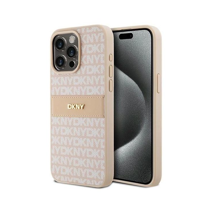 DKNY“ logotipas iš odos ir metalo dėklas iPhone 15 Pro Max“ – rožinis
