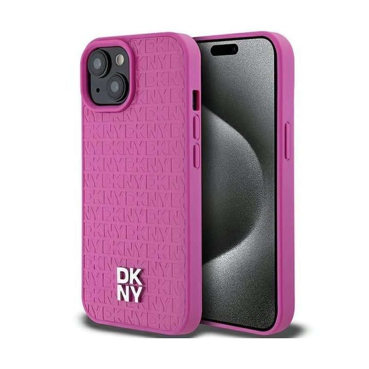 DKNY odinis su metaliniu logotipu ir MagSafe funkcija dėklas iPhone 15 / 14 / 13 telefonams – rožinis