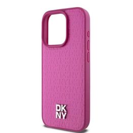 DKNY Leather Monogram Pattern Metal Logo MagSafe dėklas iPhone 15 Pro telefonui – Rožinis