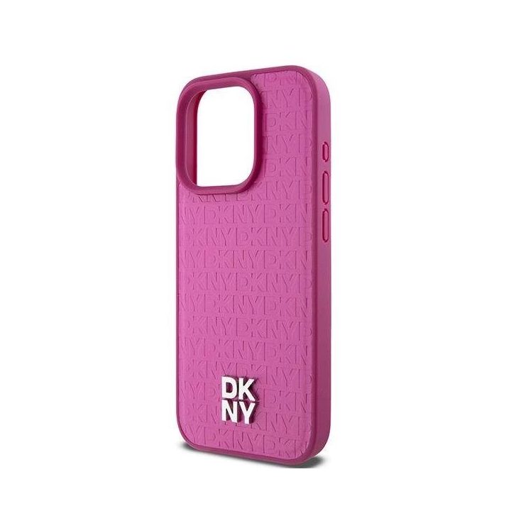 DKNY Leather Monogram Pattern Metal Logo MagSafe dėklas iPhone 15 Pro telefonui – Rožinis