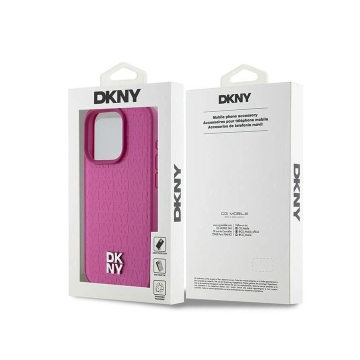 DKNY Leather Monogram Pattern Metal Logo MagSafe dėklas iPhone 15 Pro telefonui – Rožinis