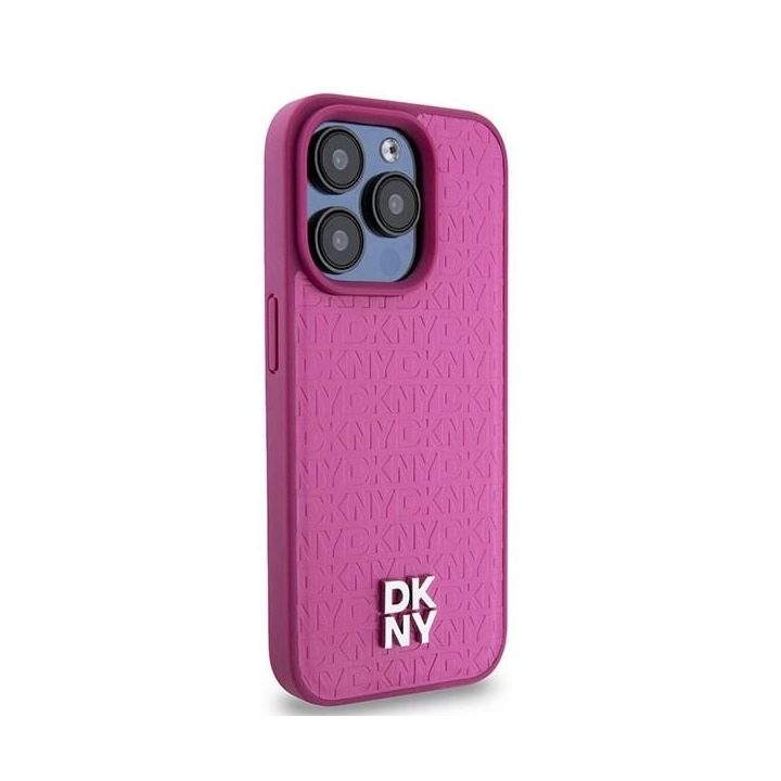 DKNY Leather Monogram Pattern Metal Logo MagSafe dėklas iPhone 15 Pro telefonui – Rožinis