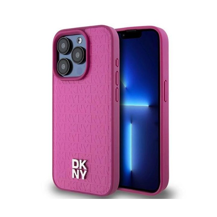 DKNY Leather Monogram Pattern Metal Logo MagSafe dėklas iPhone 15 Pro telefonui – Rožinis