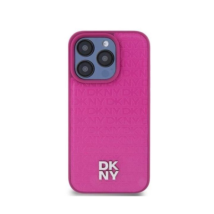 DKNY Leather Monogram Pattern Metal Logo MagSafe dėklas iPhone 15 Pro telefonui – Rožinis