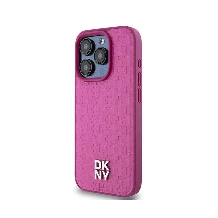 DKNY Leather Monogram Pattern Metal Logo MagSafe dėklas iPhone 15 Pro telefonui – Rožinis