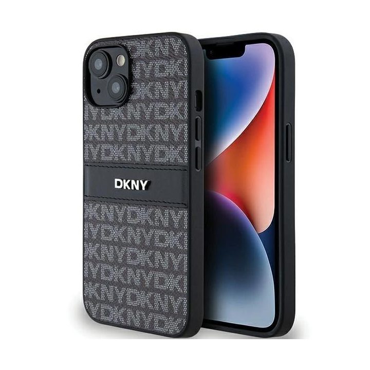 DKNY odinis Mono Stripe dėklas su metaliniu logotipu, skirtas iPhone 15/14/13 - juodas