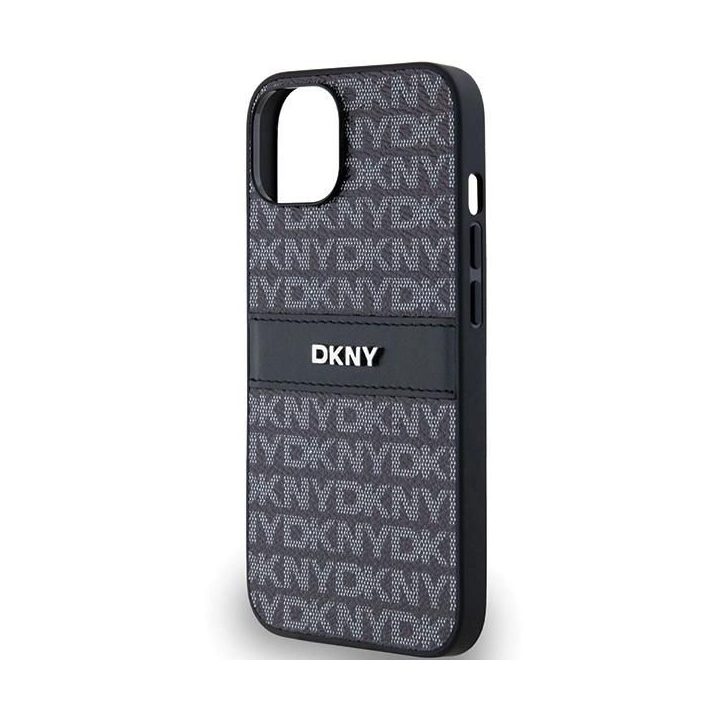 DKNY odinis Mono Stripe dėklas su metaliniu logotipu, skirtas iPhone 15/14/13 - juodas