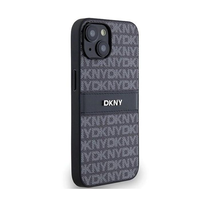 DKNY odinis Mono Stripe dėklas su metaliniu logotipu, skirtas iPhone 15/14/13 - juodas