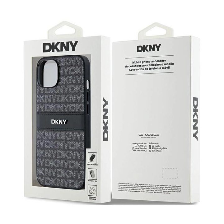 DKNY odinis Mono Stripe dėklas su metaliniu logotipu, skirtas iPhone 15/14/13 - juodas