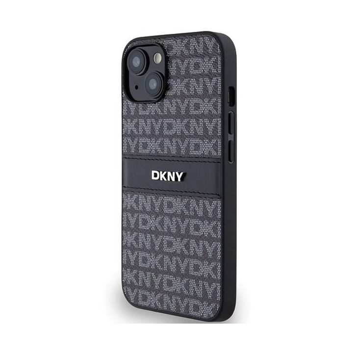 DKNY odinis Mono Stripe dėklas su metaliniu logotipu, skirtas iPhone 15/14/13 - juodas
