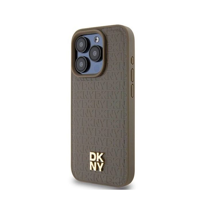 DKNY odinis logotipu dengtas dėklas su metaliniu logotipu MagSafe“ tipo iPhone 15 Pro“ telefonui - rudas