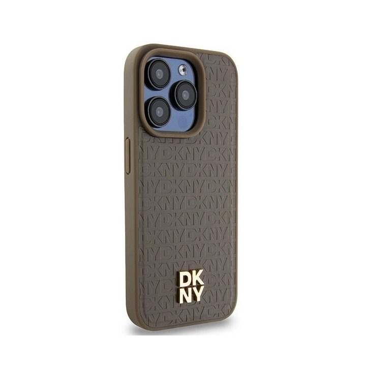 DKNY odinis logotipu dengtas dėklas su metaliniu logotipu MagSafe“ tipo iPhone 15 Pro“ telefonui - rudas