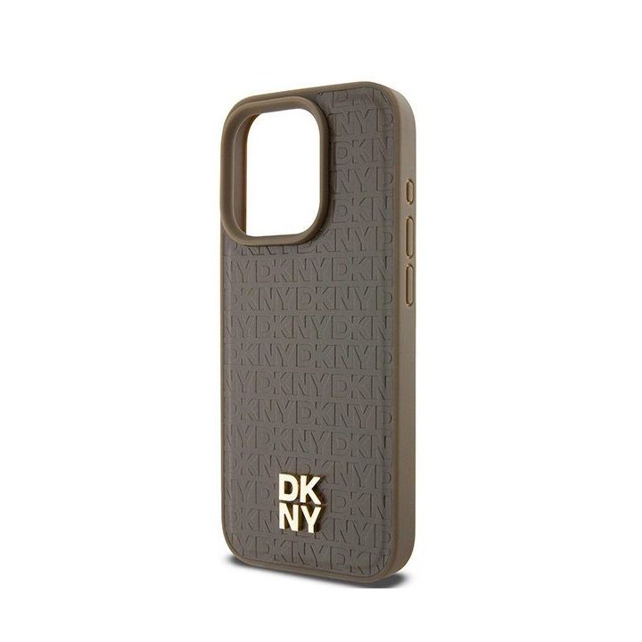 DKNY odinis logotipu dengtas dėklas su metaliniu logotipu MagSafe“ tipo iPhone 15 Pro“ telefonui - rudas